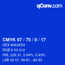 Farbcode: CMYK 97 / 75 / 0 / 17 | qconv.com