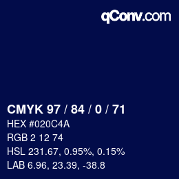 Farbcode: CMYK 97 / 84 / 0 / 71 | qconv.com