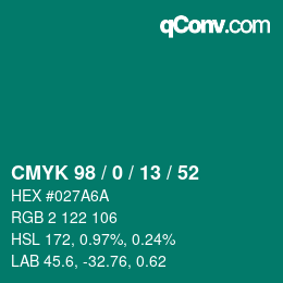 カラーコード: CMYK 98 / 0 / 13 / 52 | qconv.com