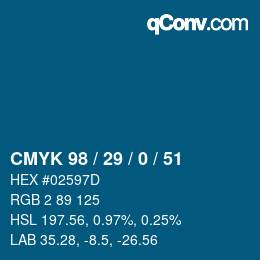 Code couleur: CMYK 98 / 29 / 0 / 51 | qconv.com