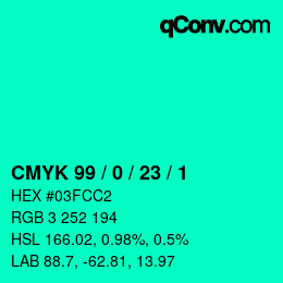 Code couleur: CMYK 99 / 0 / 23 / 1 | qconv.com