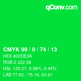 颜色代码: CMYK 99 / 0 / 74 / 13 | qconv.com