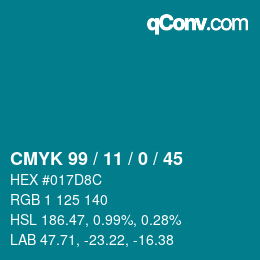カラーコード: CMYK 99 / 11 / 0 / 45 | qconv.com