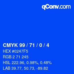Color code: CMYK 99 / 71 / 0 / 4 | qconv.com