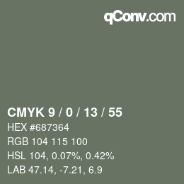 カラーコード: CMYK 9 / 0 / 13 / 55 | qconv.com