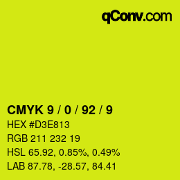 カラーコード: CMYK 9 / 0 / 92 / 9 | qconv.com