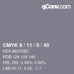 Farbcode: CMYK 9 / 11 / 0 / 45 | qconv.com