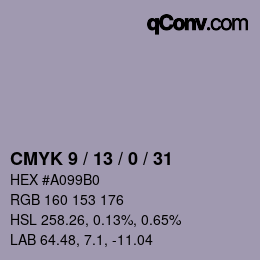 カラーコード: CMYK 9 / 13 / 0 / 31 | qconv.com