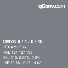 Code couleur: CMYK 9 / 4 / 0 / 48 | qconv.com