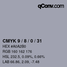 カラーコード: CMYK 9 / 8 / 0 / 31 | qconv.com