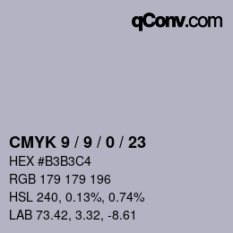 カラーコード: CMYK 9 / 9 / 0 / 23 | qconv.com