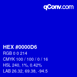 Code couleur: HEX #0000D6 | qconv.com