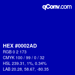 Color code: HEX #0002AD | qconv.com