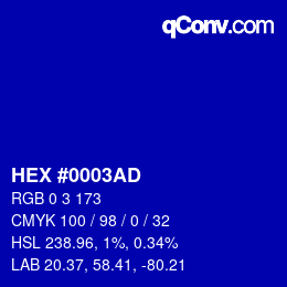 Color code: HEX #0003AD | qconv.com