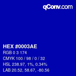 Color code: HEX #0003AE | qconv.com