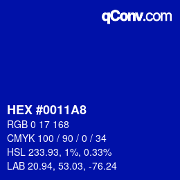 Color code: HEX #0011A8 | qconv.com