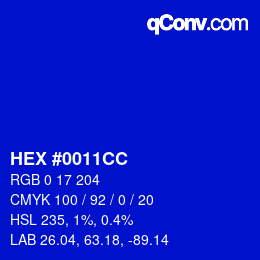 Code couleur: HEX #0011CC | qconv.com