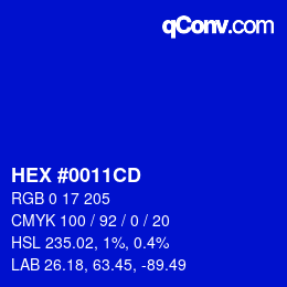 Farbcode: HEX #0011CD | qconv.com