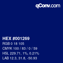 Code couleur: HEX #001269 | qconv.com