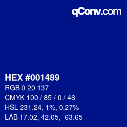 颜色代码: HEX #001489 | qconv.com