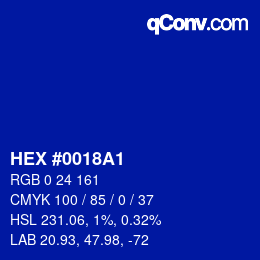 颜色代码: HEX #0018A1 | qconv.com