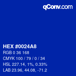 颜色代码: HEX #0024A8 | qconv.com