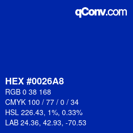 颜色代码: HEX #0026A8 | qconv.com
