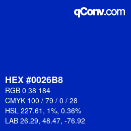 颜色代码: HEX #0026B8 | qconv.com