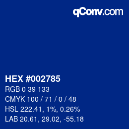 Code couleur: HEX #002785 | qconv.com