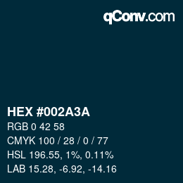 颜色代码: HEX #002A3A | qconv.com