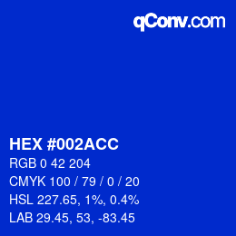 Code couleur: HEX #002ACC | qconv.com