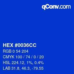 Color code: HEX #0036CC | qconv.com