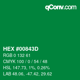 颜色代码: HEX #00843D | qconv.com