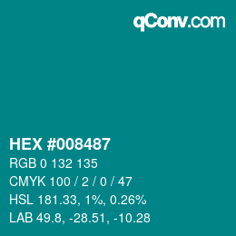 Code couleur: HEX #008487 | qconv.com