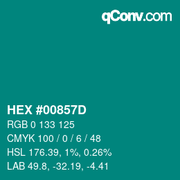 Farbcode: HEX #00857D | qconv.com