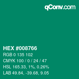 カラーコード: HEX #008766 | qconv.com