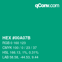 カラーコード: HEX #00A07B | qconv.com