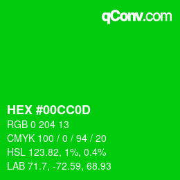 カラーコード: HEX #00CC0D | qconv.com