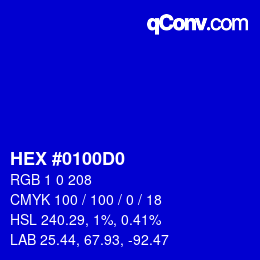 Color code: HEX #0100D0 | qconv.com