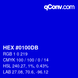 カラーコード: HEX #0100DB | qconv.com