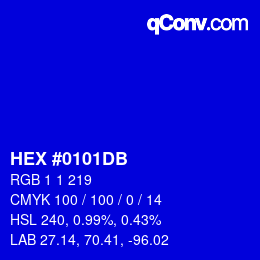 Color code: HEX #0101DB | qconv.com