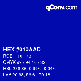 颜色代码: HEX #010AAD | qconv.com