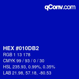 颜色代码: HEX #010DB2 | qconv.com