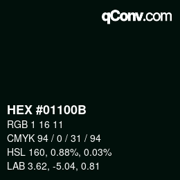 颜色代码: HEX #01100B | qconv.com