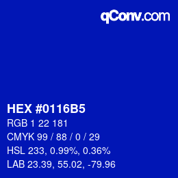 Farbcode: HEX #0116B5 | qconv.com
