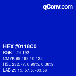 カラーコード: HEX #0118C0 | qconv.com