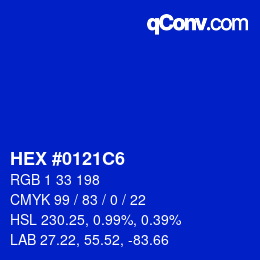 颜色代码: HEX #0121C6 | qconv.com