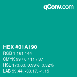 カラーコード: HEX #01A190 | qconv.com