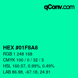 カラーコード: HEX #01F8A8 | qconv.com