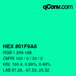 Farbcode: HEX #01F9A8 | qconv.com